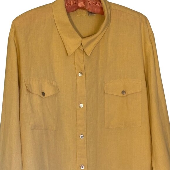 Lino By Chicos Butter Yellow Button-Up Shirt Size 3 Front Pockets 100% Linen - Picture 2 of 10